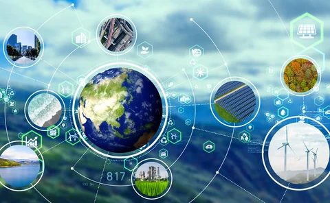 Conceptual illustration of Earth surrounded by icons of renewable energy, smart cities, clean water and eco-friendly technology