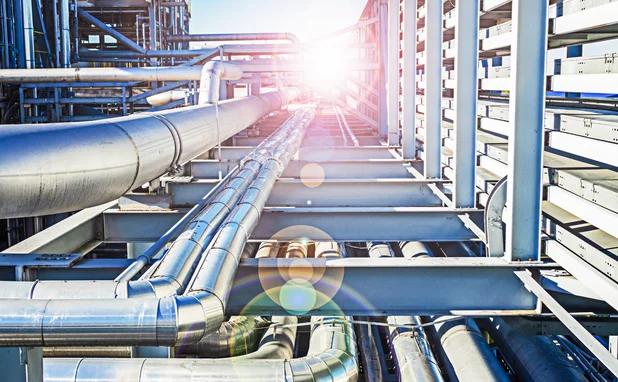 Abstract view of a set of pipelines running through a liquefied gas production plant