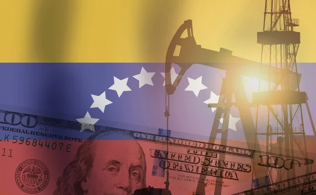 Venezuela flag with oil rigs and US currency overlaid