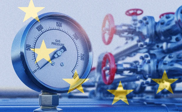 An EU flag is superimposed over a gas pressure gauge that reads zero