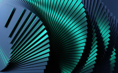 Curving arrangement of overlapping rectangular panels in teal and dark blue tones, creating a dynamic spiral shape with depth and shadow, evoking digital innovation and futuristic technology