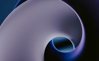 Abstract 3D illustration of smooth geometric forms and curved shapes in purple, blue and black, representing digital technology, innovation and transformation
