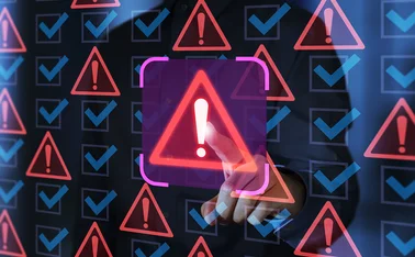 Finger presses warning alert sign for security system or software