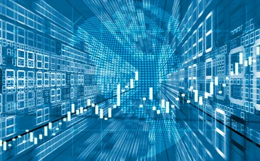 Abstract blue digital finance background featuring an upward-trending stock market candlestick chart, a dotted global map, and big data numerical displays