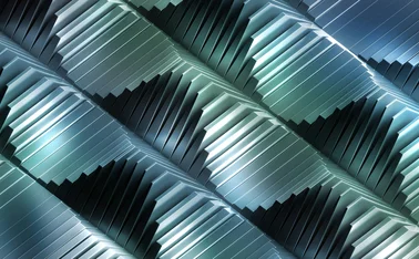 Abstract geometric pattern of interlocking metallic structures in blue and green tones