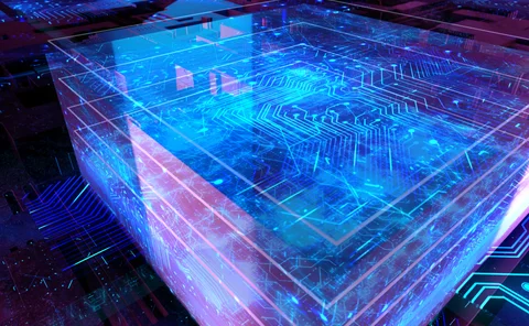 Futuristic digital cube composed of glowing circuit layers and transparent surfaces, representing data infrastructure, digital storage, and high-tech network systems.