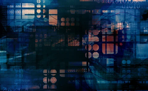 Abstract digital data visualization featuring binary code, charts, graphs and geometric overlays, representing big data, analytics, artificial intelligence, cybersecurity and financial technology