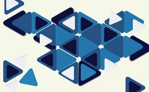 Modern abstract geometric background with layered blue, navy, and white triangular shapes, minimalist digital design, technology-inspired pattern, and directional play-button style graphics