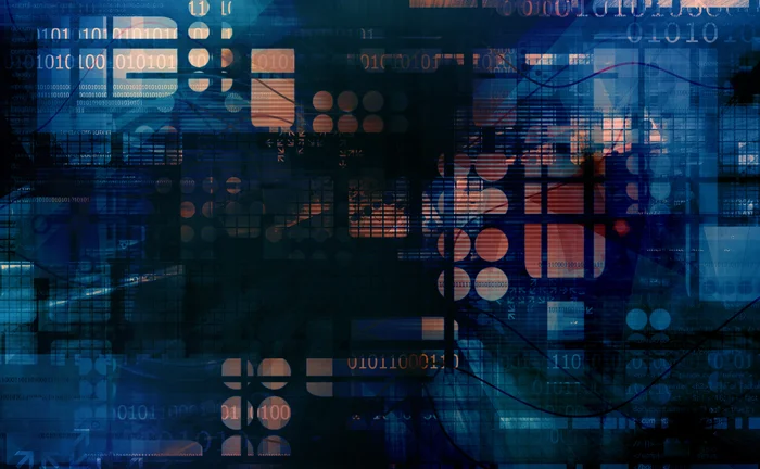 Abstract digital data visualization featuring binary code, charts, graphs and geometric overlays, representing big data, analytics, artificial intelligence, cybersecurity and financial technology