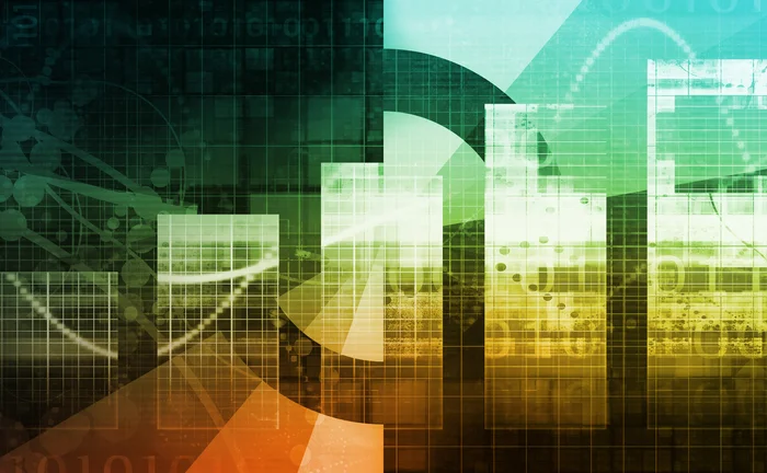 Abstract illustration of an upward bar chart with digital grids, binary code, and data visualisation elements in green and gold tones, symbolising business analytics, AI-driven insights, performance reporting, and digital transformation