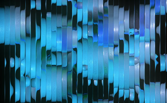 Abstract blue and cyan digital pattern of glowing vertical forms against a black background, creating a layered, data-inspired visual representing database technology, information management, digital infrastructure and data-driven innovation