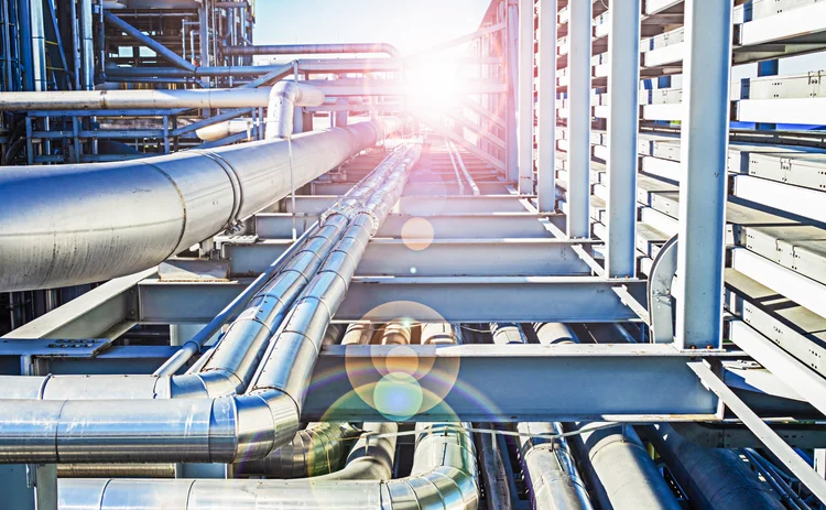 Abstract view of a set of pipelines running through a liquefied gas production plant