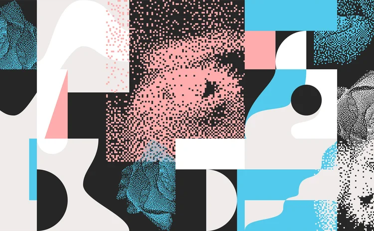Abstract geometric collage featuring pixelated patterns, organic shapes, and blue, pink, black, and white color blocks