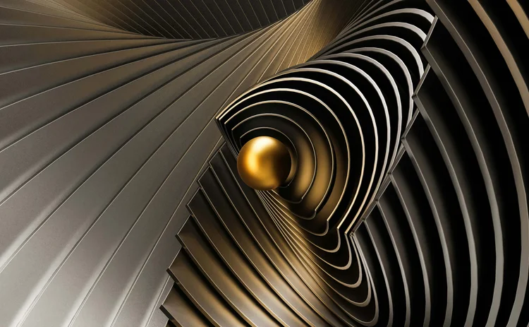 Abstract 3D design featuring layered metallic curves with a golden sphere centrepiece, symbolising modern and futuristic innovation