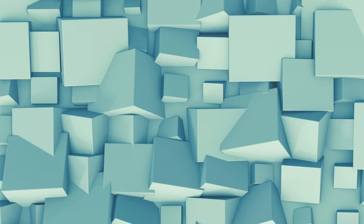 Abstract 3D pattern of layered blue geometric blocks representing data structures, digital networks and complex technology systems