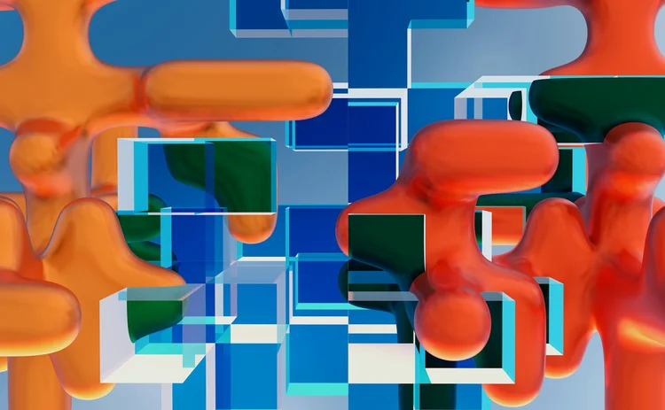 Abstract digital artwork featuring glossy organic orange and red blob shapes intertwined with transparent blue and green glass-like cubes on a gradient blue background