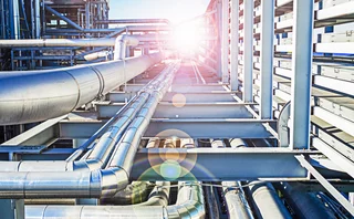 Abstract view of a set of pipelines running through a liquefied gas production plant