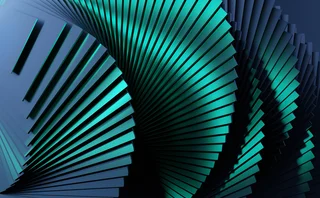 Curving arrangement of overlapping rectangular panels in teal and dark blue tones, creating a dynamic spiral shape with depth and shadow, evoking digital innovation and futuristic technology