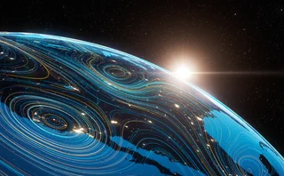 Futuristic view of Earth from space with glowing atmospheric data streams and light trails. Digital visualisation of global connectivity, data flow, and climate mapping over a dark starry background.