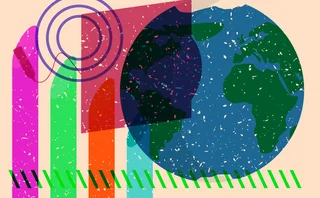 Abstract digital illustration of earth with colourful geometric shapes, including circles, rectangles, and layered textures. Modern graphic design featuring a globe with visible continents, vibrant colors, and creative overlays symbolising global connection, technology and sustainability