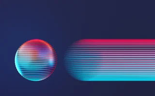 Abstract 3D illustration of a glowing neon sphere with horizontal lines and motion blur streaks on a dark blue background.