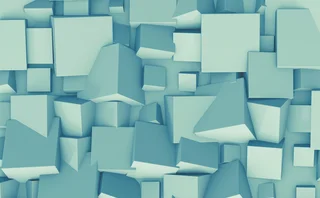 Abstract 3D pattern of layered blue geometric blocks representing data structures, digital networks and complex technology systems