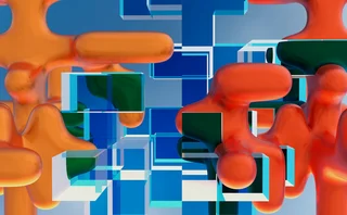 Abstract digital artwork featuring glossy organic orange and red blob shapes intertwined with transparent blue and green glass-like cubes on a gradient blue background