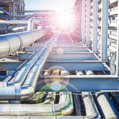 Abstract view of a set of pipelines running through a liquefied gas production plant