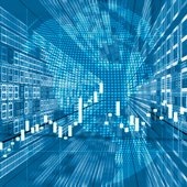 Abstract blue digital finance background featuring an upward-trending stock market candlestick chart, a dotted global map, and big data numerical displays