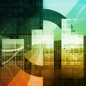 Abstract illustration of an upward bar chart with digital grids, binary code, and data visualisation elements in green and gold tones, symbolising business analytics, AI-driven insights, performance reporting, and digital transformation