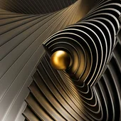 Abstract 3D design featuring layered metallic curves with a golden sphere centrepiece, symbolising modern and futuristic innovation